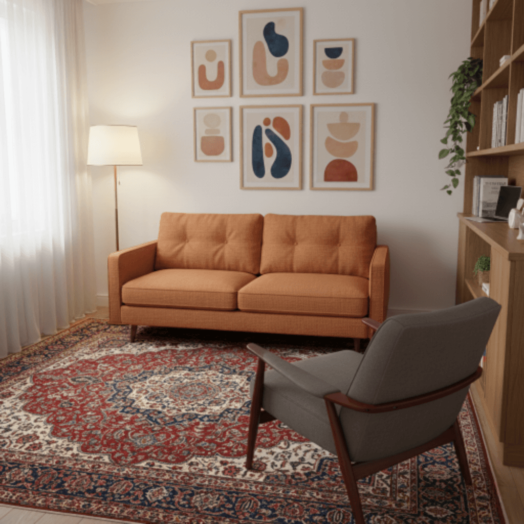 פנים הקליניקה לפסיכותרפיה של נירה גבאי במושב שואבה - חדר טיפול מעוצב באווירה חמה ומכילה